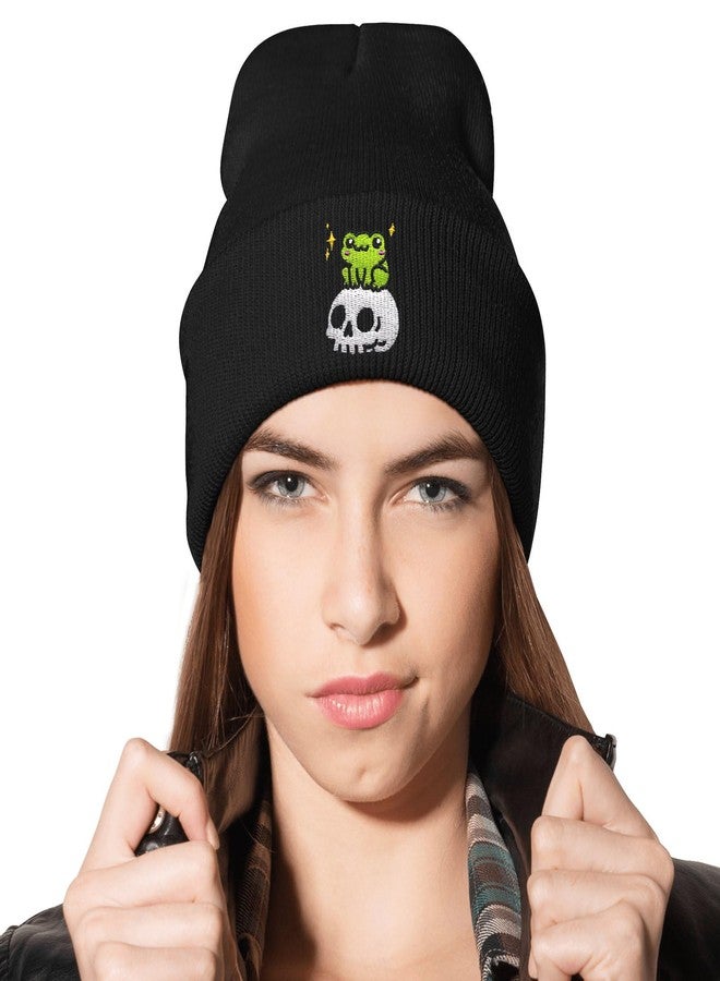 AIMASTZ Cute Frog Skeleton Embroidered Beanie Knit Hat for Men Women, Halloween Goth Graphic Winter Black Skull Cap - Image 5